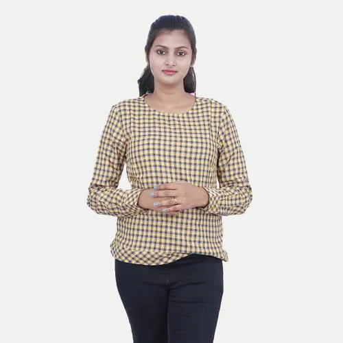 Rad Prix Women Beige Gingham Print Top