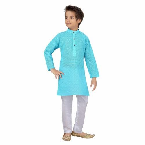 Baba & Baby Boys Traditional Ethnic Wear Chikan Cotton Kurta with White Pyjama Set (18-24 Months, Sky Blue Chikan)