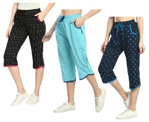IndiWeaves Womens Relaxed Fit Cotton 3/4th Capri Pants (Pack of 3) Multicolor
