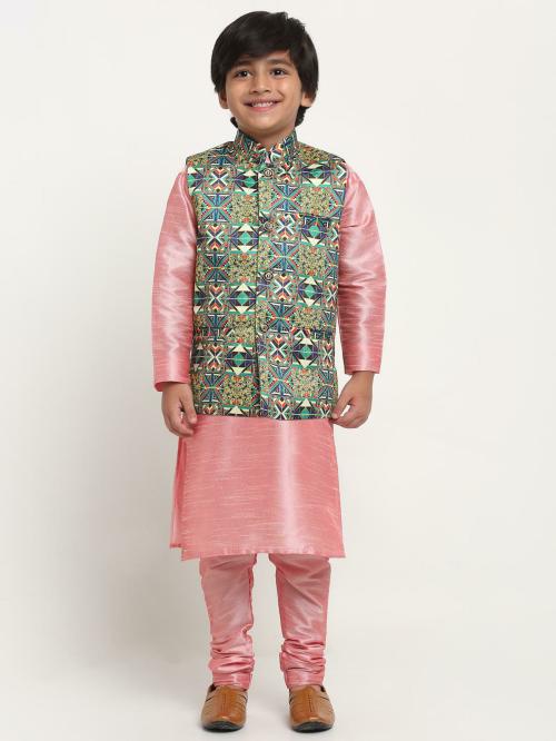 Benstoke Boys Pink & Green Paisley Silk Blend Kurta Pyjama Set