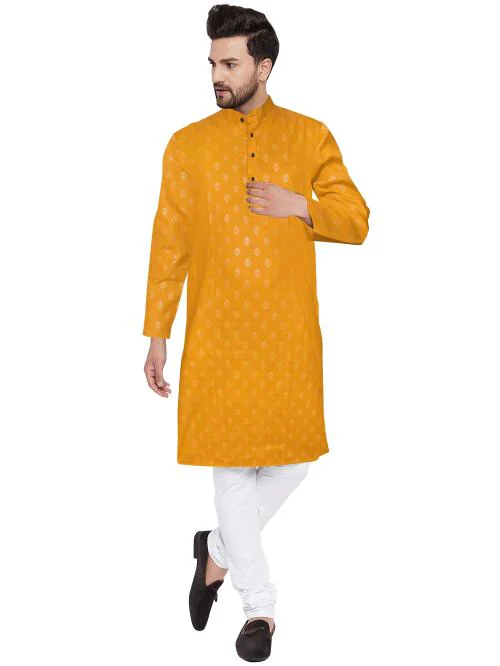 VILLAIN Printed Cotton Blend Kurta for Men-Yellow