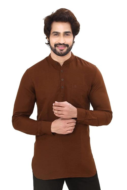 BearBerry Casual Perfect Party/Occasion Slim Fit Casual Plain Short Kurta for Men Brown (L)