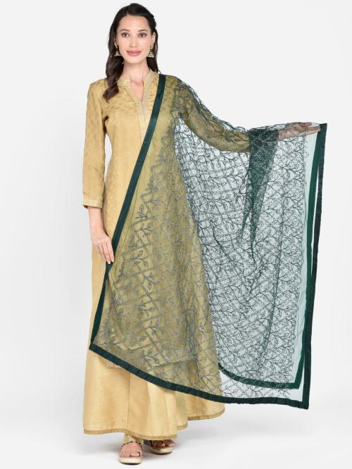 Dupatta Bazaar Women Dark Green Embroidered Net Dupatta