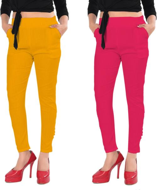 Alina Beyond Fashion Women's Multicolor Solid Lycra Blend (Pack of 2) Casual Trousers