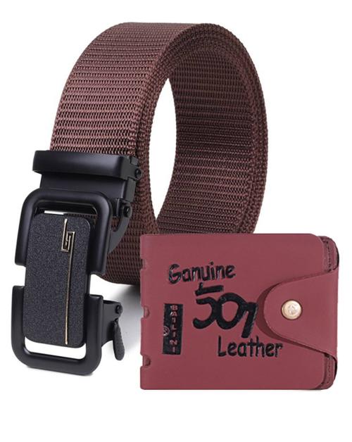 Clasicox Brown Canvas Belt & Wallet: Style with Auto-Lock Buckle