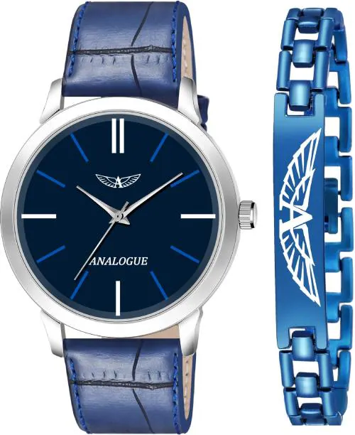 ANALOGUE Blue Stainless Steel and Synthetic Leather Analog Watch and Bracelet Combo (set of 2) (480-BLUE-BRACELET-BLUE)