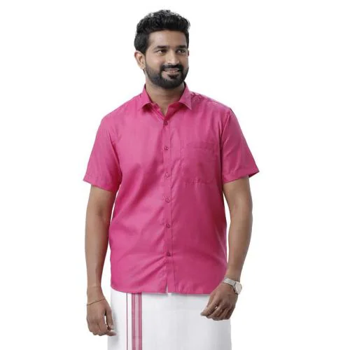 UATHAYAM Xpress Bright Pink Cotton Rich Half Sleeve Solid Slim Fit Shirt & Dhoti Set for Men Pack of 1