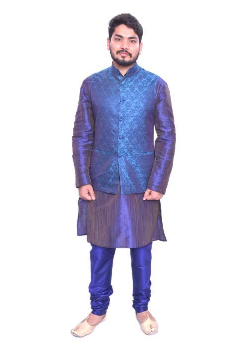 Mag Men's Blue Double Tone Kurta Royal Blue Churidar Deep Sky Blue Waistcoat