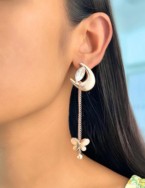 Trendy Rose Gold-Toned Crystal Diamante Moon & Butterfly Drop Earrings