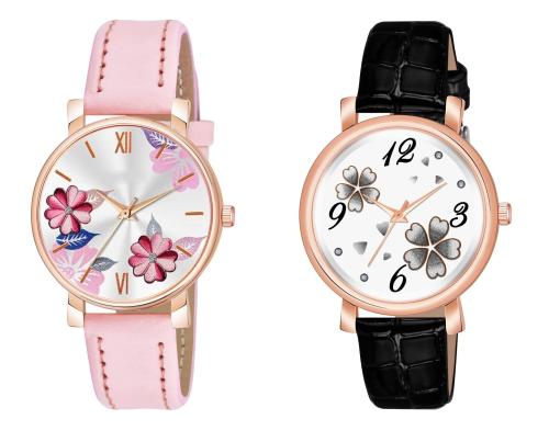 KIARVI GALLERY Analogue Round Dial Dual Flower Stylish Premium Leather Strap Watch for Girls and Women (Pack of -2, Pink-Black)