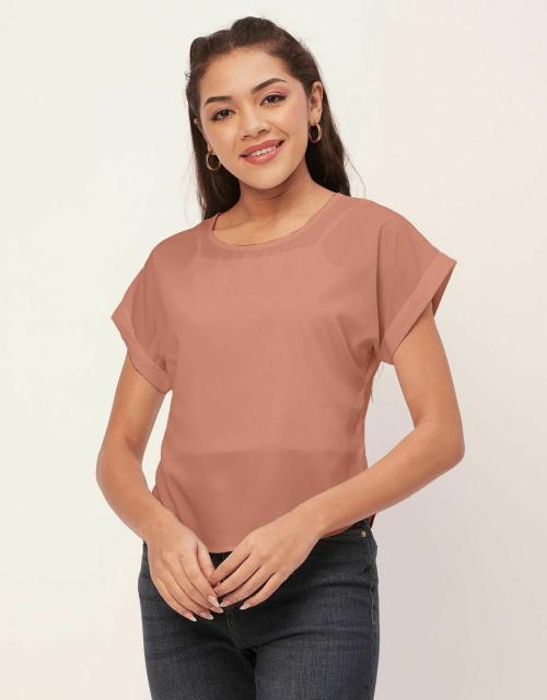 Moomaya Solid Color Basic Tops For Women, Short Sleeve Round Neck Crepe Tops