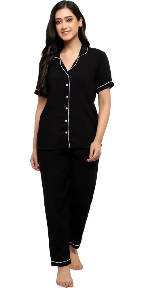 Zionity Women Black Solid Cotton Blend Nightsuit Set (XL)