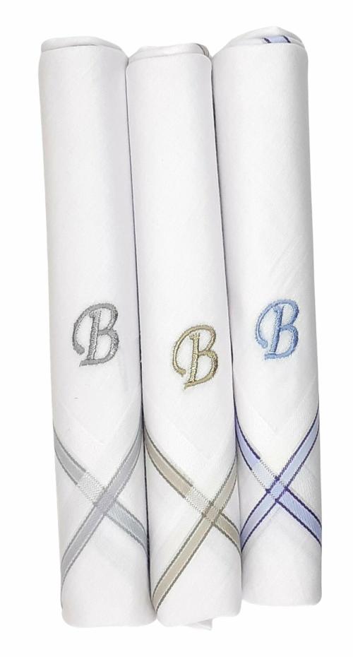 Concerto Men's Fine Cotton (White) Embroidered Initial Handkerchief (Pack of 3) (Size 48 cms * 48 cms) - B - Gifts for Husbands, Valentine, Fathers and Sons on Birthdays, Diwali and Christmas.