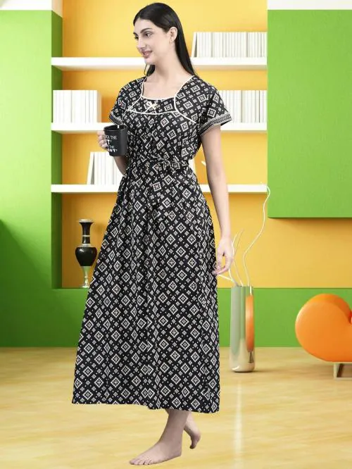 Noty Girl's/Women's- Nighty | Nightdress | Short Sleeves | Belt | Block Print - Cotton Fabric- Baatik Print ( Black-Blocks, Large )
