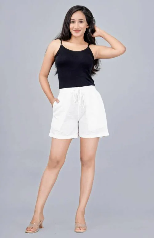 Mirayya Women Pure Cotton Solid Pattern Regular Daily Wear Night Shorts With Pocket for Womens Sports Yoga Running Shorts- White