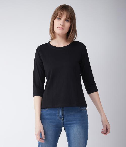 Miss Chase Women Black Solid Cotton SingleT-shirt