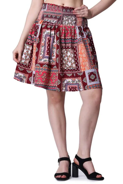 Popwings Women Casual Boho Printed Red Flare Peplum Skirt | Knee Length Skirts For Women | Stylish Skirts For Women
