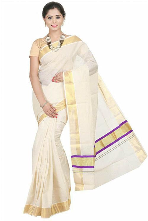 Fashionkiosks Women Brown Cotton Pallu Zari Worked Kerala Kasavu Saree With Attached Blouse Piece