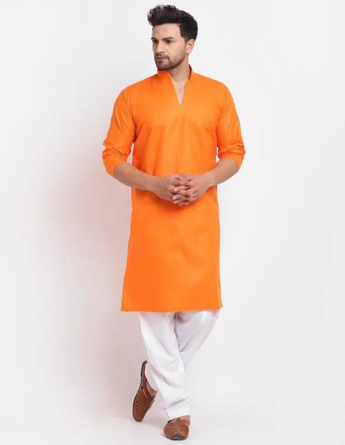 Benstoke Men's Orange & White Cotton Pathani Kurta With Salwar Set