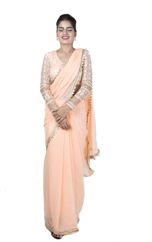 Wardrobe luxury by shreya women's peach Georgette saree with designer blouse piece