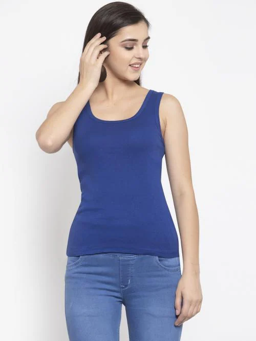 AMBEYCITY Women Royal Blue Cotton U-neck Solid Tank top