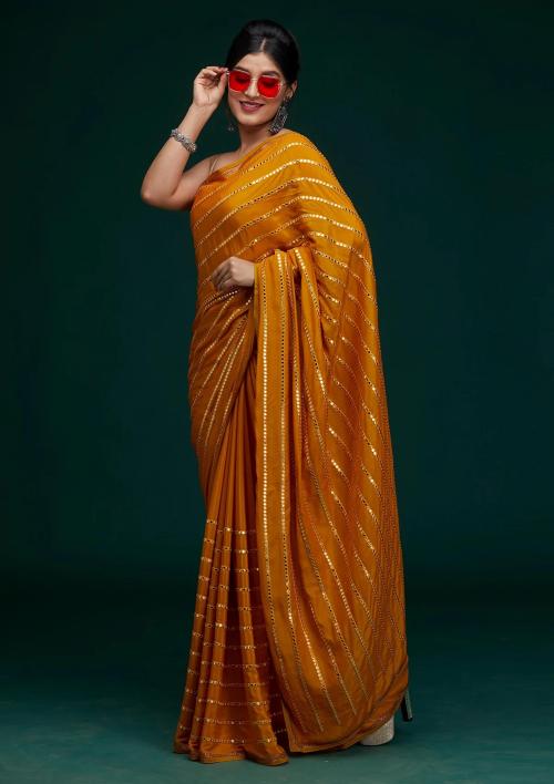 Yourwish Women Mustard Georgette Embroidered Bollywood Saree, Koskii