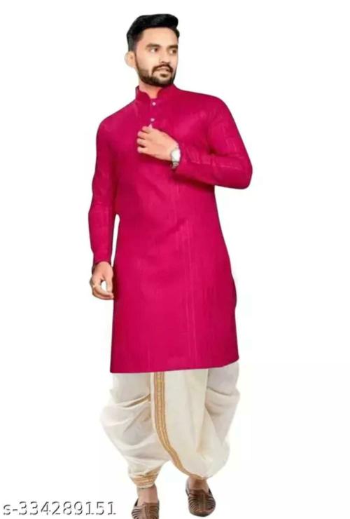 SONBAI Men Cotton Kurta with Silk Dhoti (L)