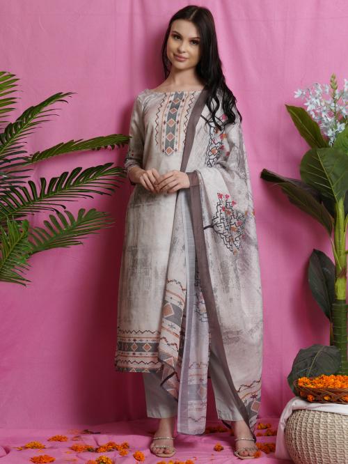 Buy Stylee Lifestyle Beige Satin Digital Printed Dress Material Online