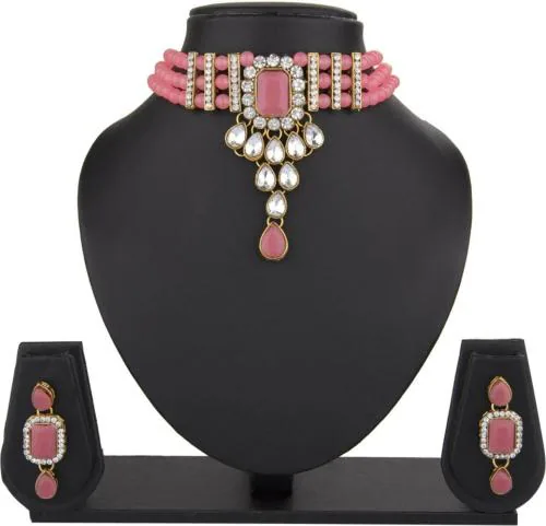 Darsha Collections Brass Plated Alloy Pink, White Earring And Necklace Set (Women)l Artificial jewellary l Womens necklace l Traditional jewellary l Womens Jewellary