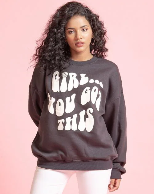 Vaire Grey Printed Loose Fit Fleece Sweatshirt | Winter Wear | Round Neck Full Sleeve Warm Sweatshirt for Women