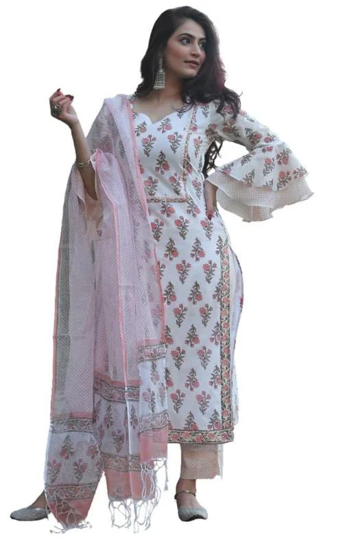 Sidhidata Women's Cotton Blend Printed Kurta Pant and Dupatta Set Pink M