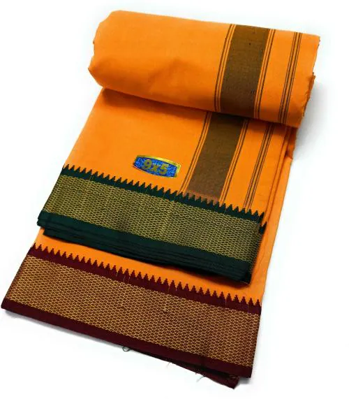 Men Mango Yellow Cotton Traditional Pandits Pooja 9/5 Dhoti With Attached Angvastram Towel Inside.