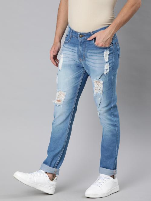 Urbano Fashion Men's Light Blue Slim Fit Heavy Distressed/Torn Jeans