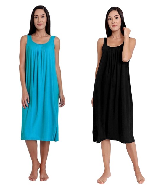 TWGE Cotton Full Length Camisole for Women - Long Inner wear Petticoat - Plus Size Nighty - Kurti and Suit Slip - Black & Firozi Pack of 2