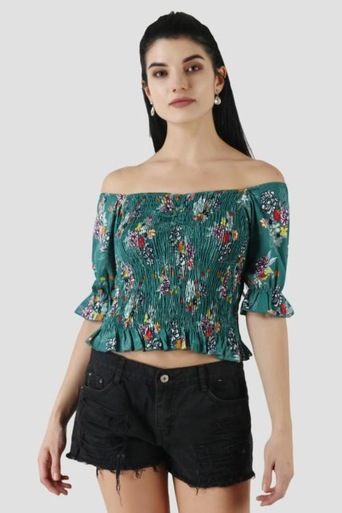 Popwings Women Casual Casual Sea Green Off Shoulders Smocking Women Crop Tops | Tops for Women | Tops For Women Stylish | Tops Latest Design For Women
