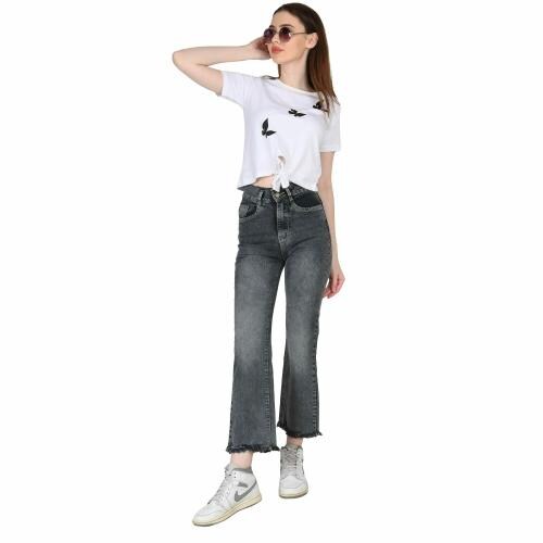 SKOTE Solid Denim Frayed Hem Stretchable High Waist Straight Feet Jeans for Women's (Color:-Light Grey, Size:-30)