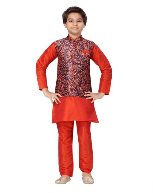 Aarika Boys Red Color Sherwani With Pyjama & Waistcoat