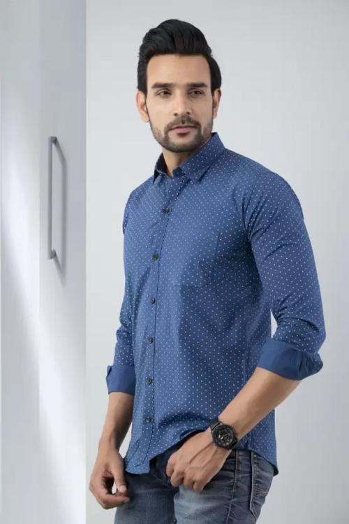 VCOM Men Slim Fit Polka Print Spread Collar Casual Shirt