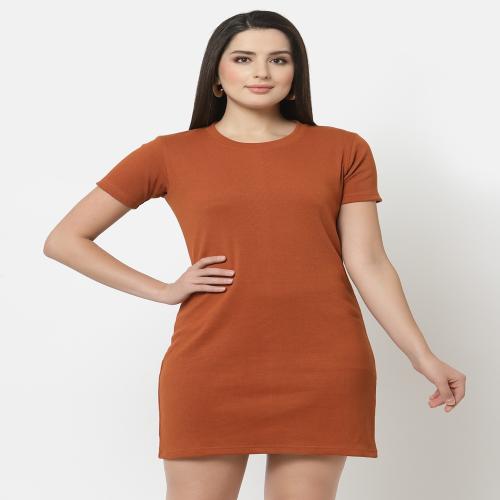 Club York Women's Rust Half Sleeve Round Neck Solid Dress