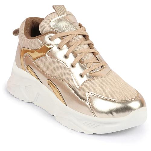 FAUSTO Women Golden Embellished Sporty Design Fashion Stylish Lace Up Sneakers Shoes