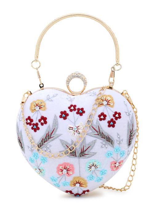 Love White & Multi Velvet Floral Embroidered Heart shaped Clutch