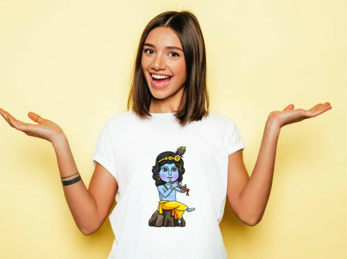 Estaban Women White Krishna Blue Printed Polyester T-Shirt