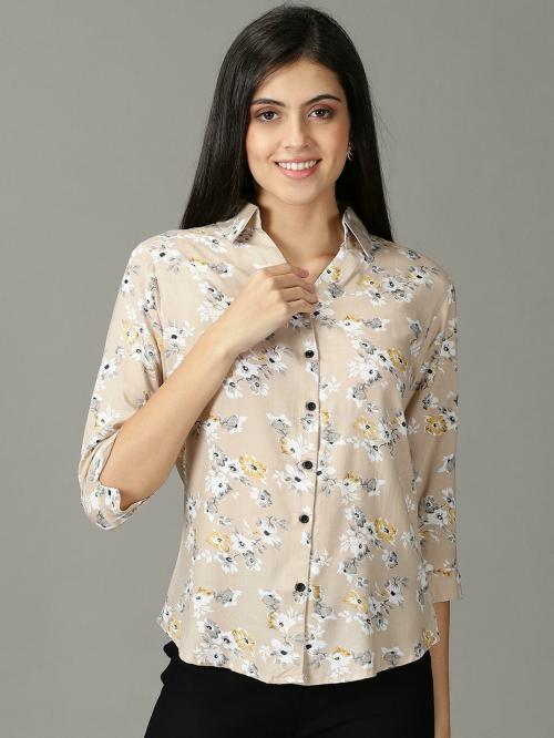 SHOW OFF Women's Beige Printed Viscose Rayon Shirt