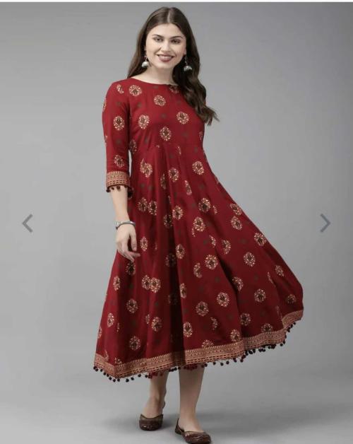 MASUN Maroon Printed Anarkali Kurti For Women