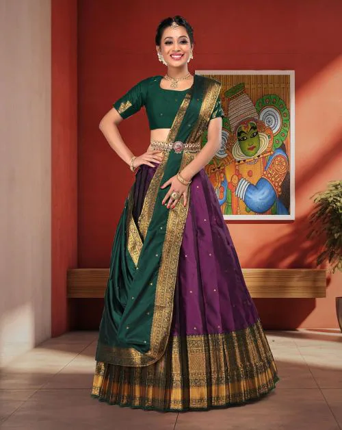 HALFSAREE STUDIO Wine South Indian Style Lehenga in Banarasi silk