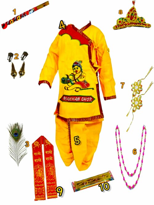 Alaknanda Creations Fancy dress/Janamasthmi Dress/ shri Krishna Yellow Print Cotton Dress with accessories for Kids (1M to 10Yr)