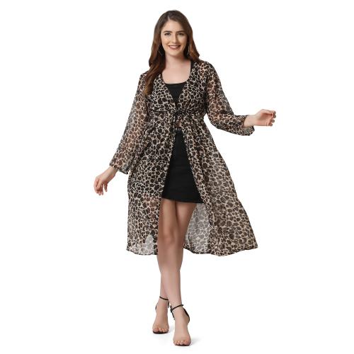 BuyNewTrend Dark Brown Georgette Leopard Print Long Women Shrug