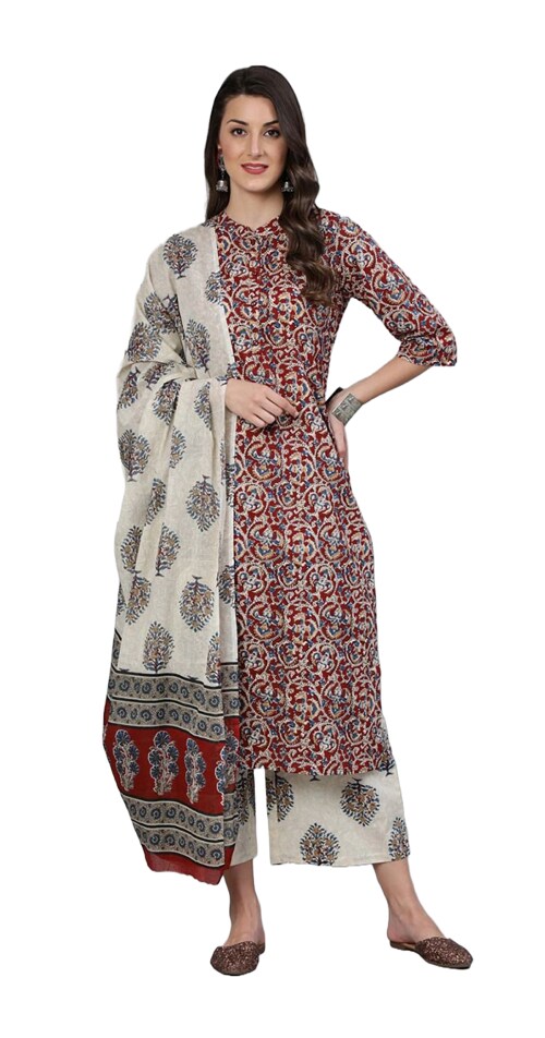 Clickedia Womens Fully Stitched Cotton Printed Straight Kurti with Buttons , and Cotton Dupatta with Palazzo Jaipuri Salwar Suit