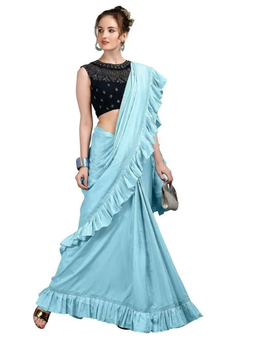 Ethnic Junction Women's Solid Ruffle Silk Blend Saree With Blouse Piece