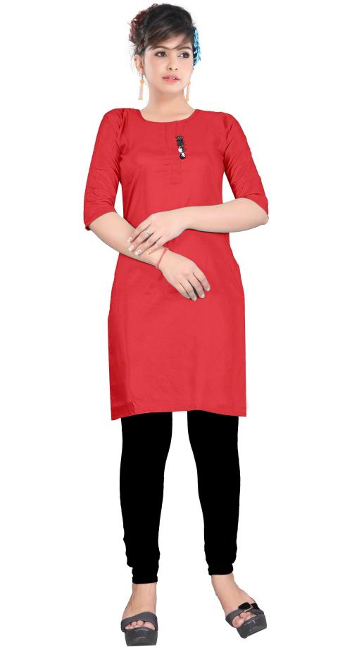 FabThreads Fashion Women Red Solid Cotton Rayon Straight Kurta (L)
